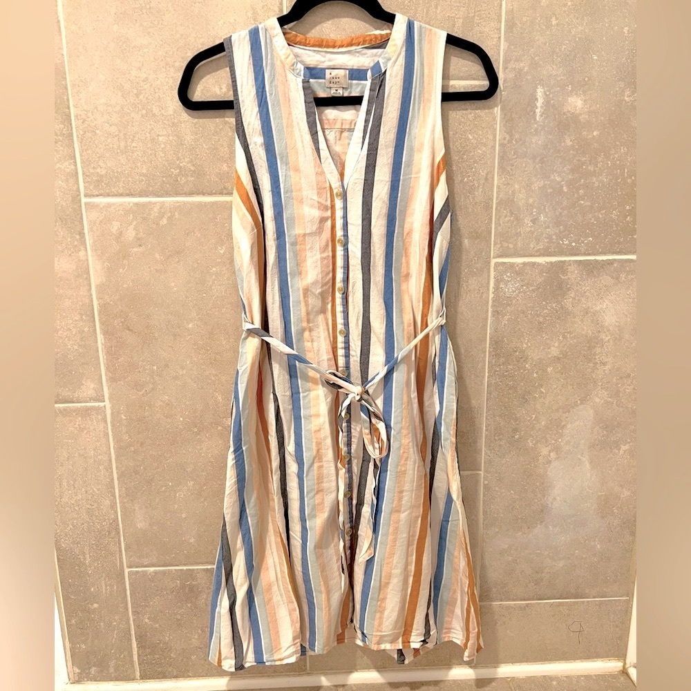A new day women’s stripped sleeveless sun dress, cotton, waist tie, button SZ M